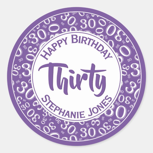 30th Birthday Number Pattern Purple/White 30  Classic Round Sticker (Front)