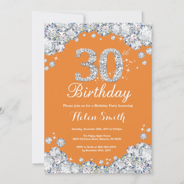 30th Birthday Orange and Silver Diamond Invitation (Front)