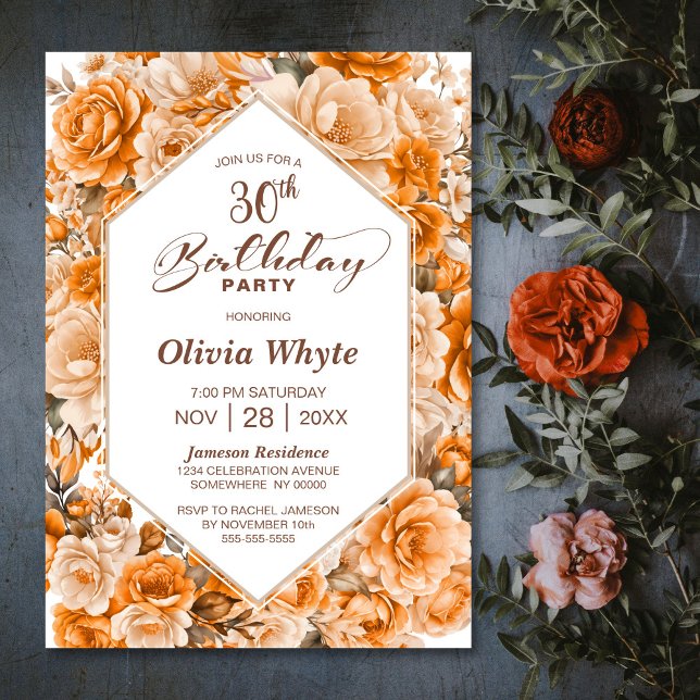 30th Birthday Orange Rose Floral Party Invitation (Creator Uploaded)