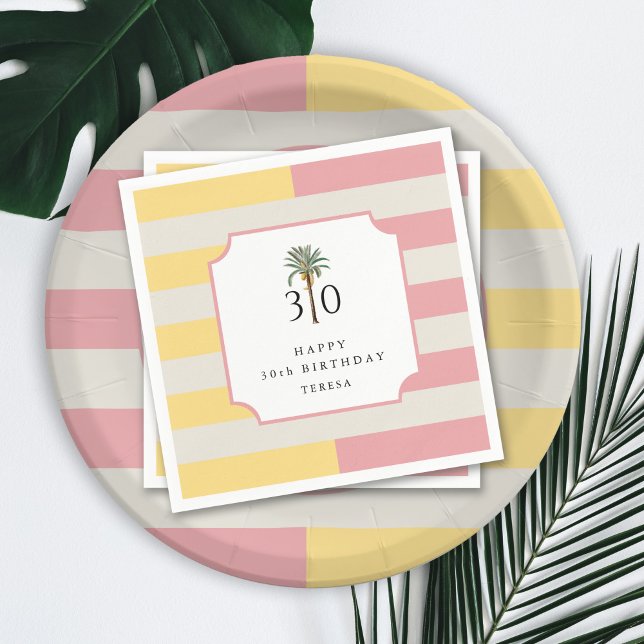 30th Birthday Palm Beach Pastel Stripe Tropical Napkin (Creator Uploaded)