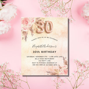 30th birthday pampas grass rose budget invitation flyer