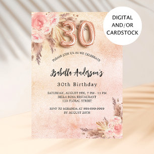 30th birthday pampas grass rose gold flowers invitation
