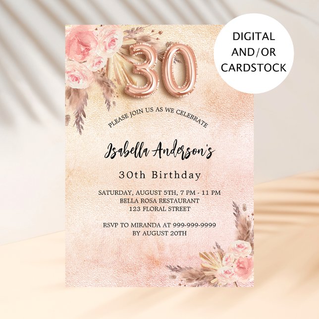 30th birthday pampas grass rose gold flowers invitation (Creator Uploaded)