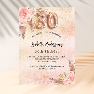 30th birthday pampas grass rose gold flowers invitation postcard