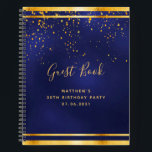 30th Birthday Party 30 dark blue gold guest book<br><div class="desc">A 30th Birthday Party informal Guest Book for him, boy, guy in dark blue, navy blue background. The blue colour is uneven. With a faux gold frame and golden confetti sprinkle, golden coloured letters. The title Guest Book is written with modern hand lettered style script. Template for a name, age...</div>