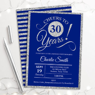 30th Birthday Party - ANY AGE Silver Royal Blue Invitation