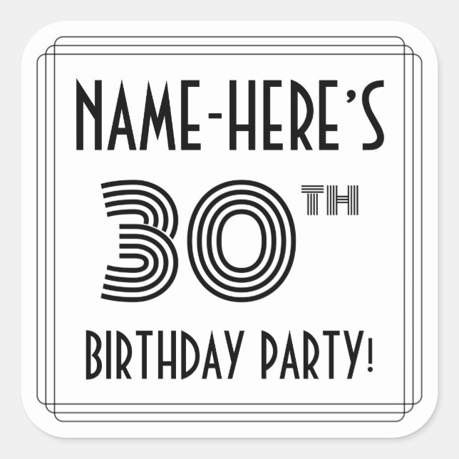 30th Birthday Party: Art Deco Style + Custom Name Square Sticker (Front)