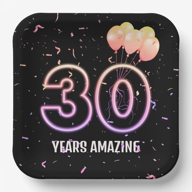 30th Birthday Party Balloons and Confetti Paper Plate (Front)