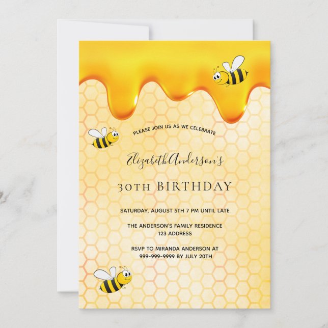 30th birthday party bees honeycomb sweet invitation (Front)