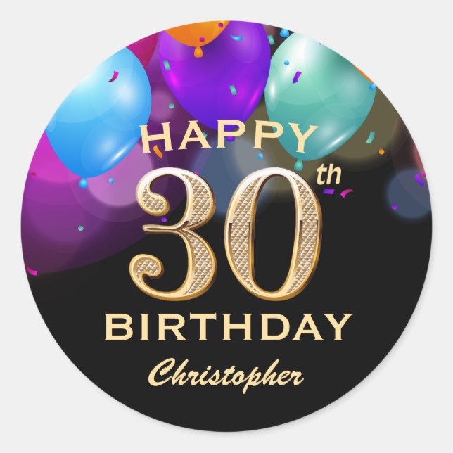 30th Birthday Party Black and Gold Balloons Classic Round Sticker (Front)