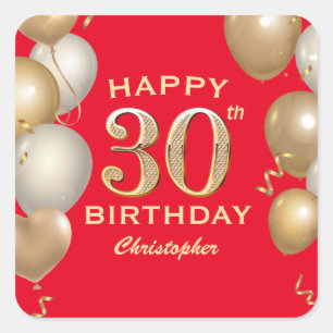 30th Birthday Party Black and Gold Balloons Square Sticker