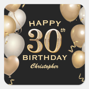 30th Birthday Party Black and Gold Balloons Square Sticker