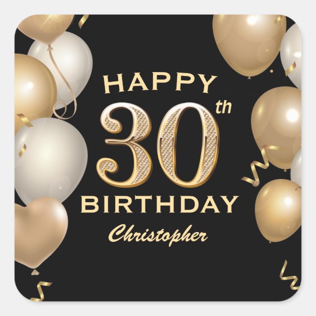 30th Birthday Party Black and Gold Balloons Square Sticker (Front)