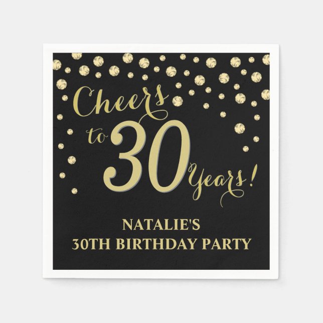 30th Birthday Party Black and Gold Diamond Napkins (Front)