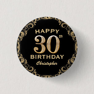 30th Birthday Party Black and Gold Glitter Frame 3 Cm Round Badge