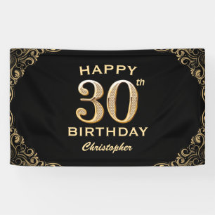 30th Birthday Party Black and Gold Glitter Frame Banner