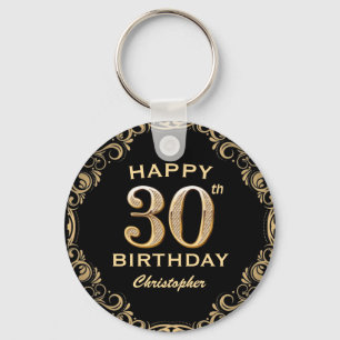 30th Birthday Party Black and Gold Glitter Frame Key Ring