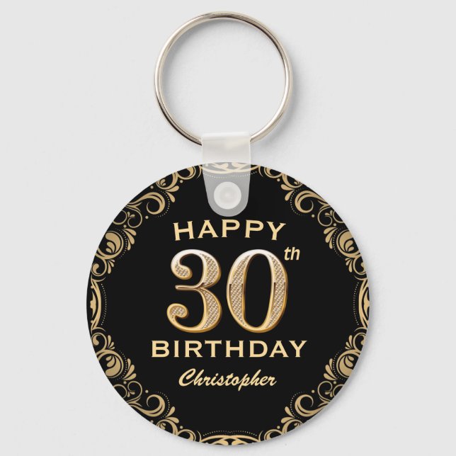 30th Birthday Party Black and Gold Glitter Frame Key Ring (Front)
