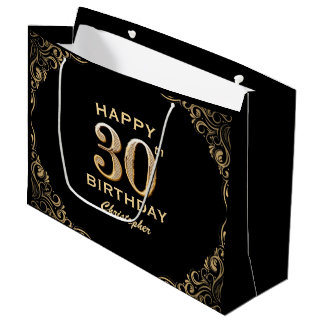 30th Birthday Party Black and Gold Glitter Frame Large Gift Bag