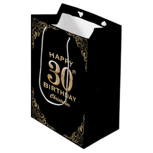 30th Birthday Party Black and Gold Glitter Frame Medium Gift Bag
