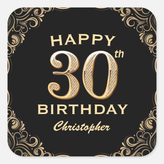 30th Birthday Party Black and Gold Glitter Frame Square Sticker (Front)