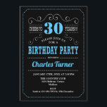 30th Birthday Party - Black Blue Invitation<br><div class="desc">30th Birthday Party Invitation.
Elegant black,  blue,  white retro design with chalkboard pattern and script font. Cheers to 30 years! Message me if you need further customization.</div>