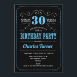 30th Birthday Party - Black Blue Invitation<br><div class="desc">30th Birthday Party Invitation.
Elegant black,  blue,  white retro design with chalkboard pattern and script font. Cheers to 30 years! Message me if you need further customization.</div>
