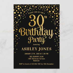 30th Birthday Party - Black & Gold Invitation