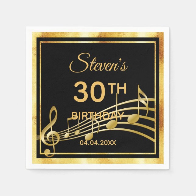 30th birthday party black gold music notes napkin (Front)