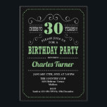 30th Birthday Party - Black Green Invitation<br><div class="desc">30th Birthday Party Invitation.
Elegant black,  green,  white retro design with chalkboard pattern and script font. Cheers to 30 years! Message me if you need further customisation.</div>