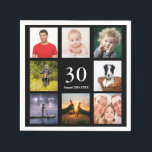 30th birthday party black photo collage guy man napkin<br><div class="desc">A napkin for a 30th birthday party for a guy,  celebrating his life with a collage of 8 of your own photos.  Templates for the age 30 and a date.  Date of birth or the date of the party.  White coloured letters.  Black background.</div>