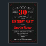 30th Birthday Party - Black Red White Invitation<br><div class="desc">30th Birthday Party Invitation.
Elegant black,  red,  white retro design with chalkboard pattern and script font. Cheers to 30 years! Message me if you need further customization.</div>