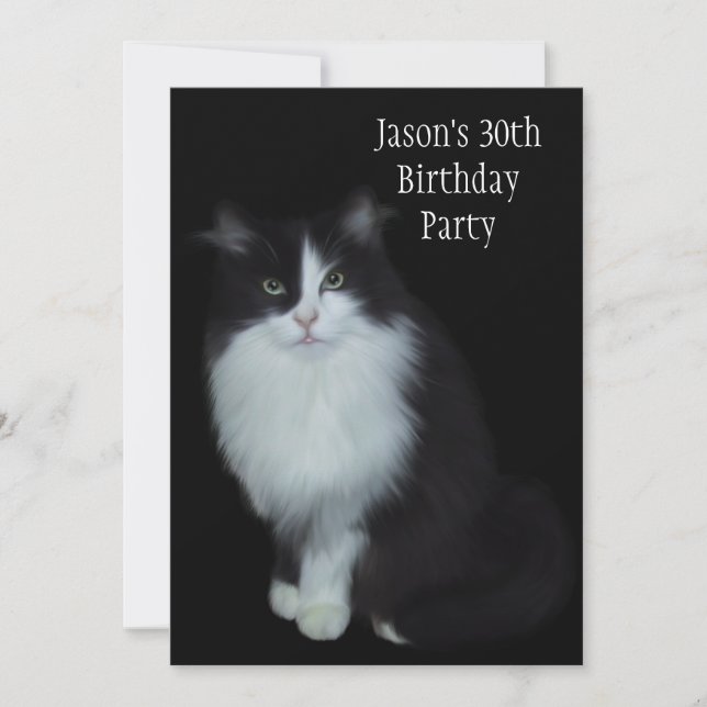 30th Birthday Party Black & White Cat Invitation (Front)