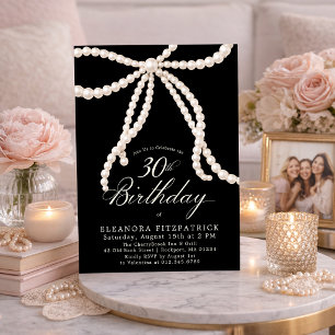 30th Birthday Party Black White Coquette Pearl Bow Invitation