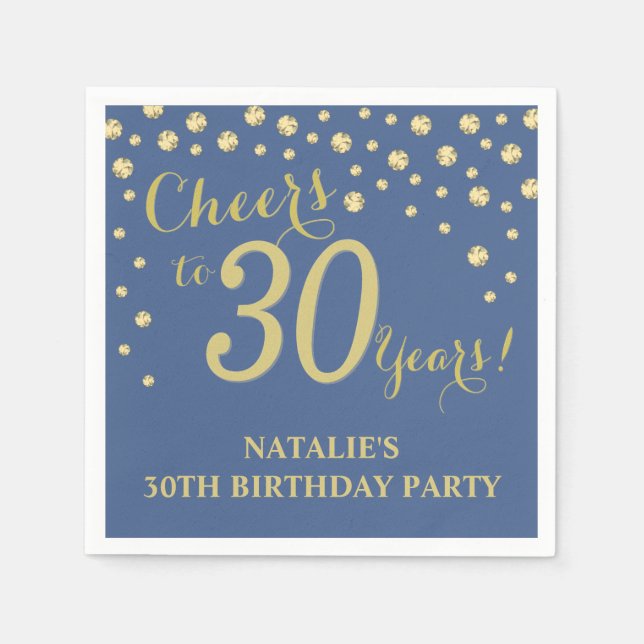 30th Birthday Party Blue and Gold Diamond Napkins (Front)