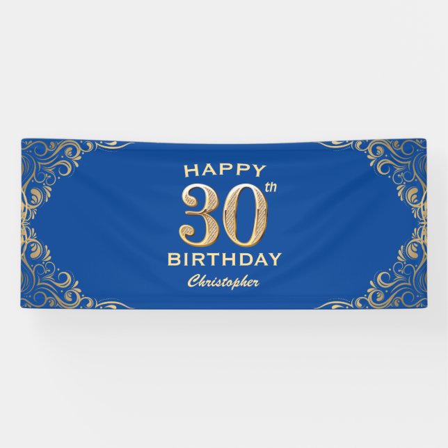 30th Birthday Party Blue and Gold Glitter Frame Banner (Horizontal)