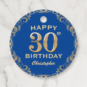 30th Birthday Party Blue and Gold Glitter Frame Favour Tags