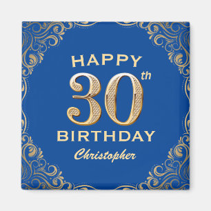 30th Birthday Party Blue and Gold Glitter Frame Magnet