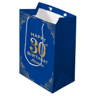 30th Birthday Party Blue and Gold Glitter Frame Medium Gift Bag