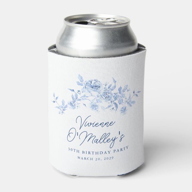 30th Birthday Party Blue Rose Floral Custom Can Cooler (Can Front)