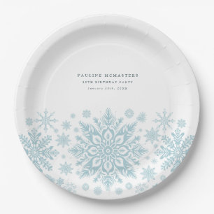 30th Birthday Party Blue White Snowflake Custom Paper Plate