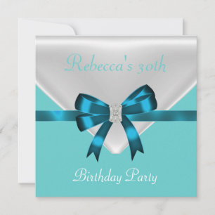 30th Birthday Party Bow White Teal Blue 2 Invitation