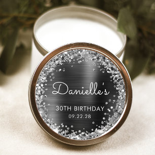 30th Birthday Party Charcoal Gray Silver Glitter Classic Round Sticker