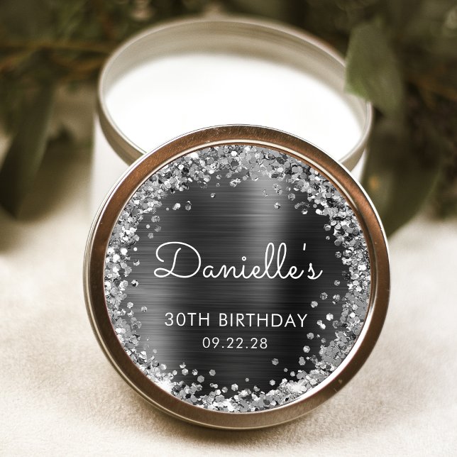30th Birthday Party Charcoal Grey Silver Glitter Classic Round Sticker (Creator Uploaded)