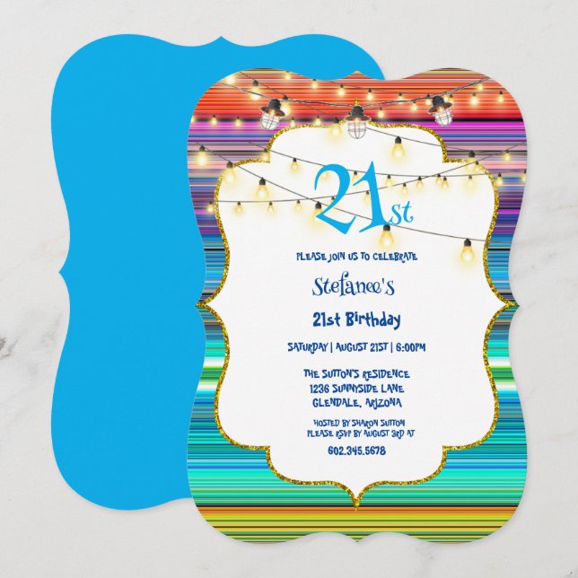30th Birthday Party Colourful Stripes & Lights Inv Invitation (Front/Back)