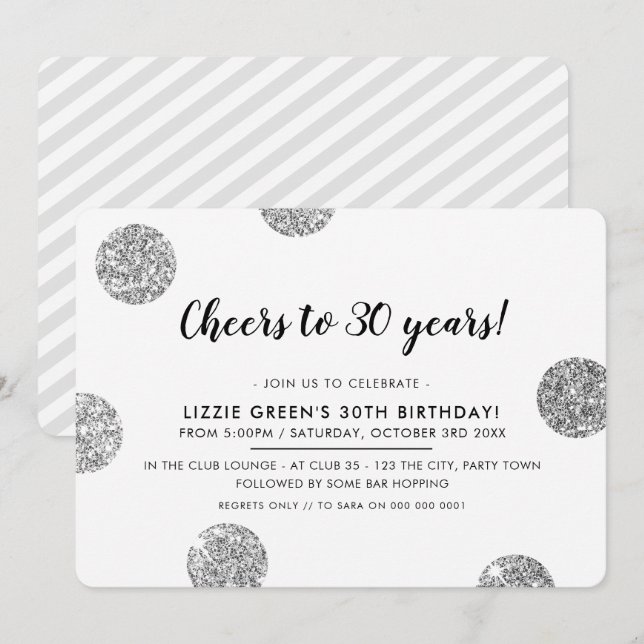 30TH BIRTHDAY PARTY cool silver glitter polka dots Invitation (Front/Back)