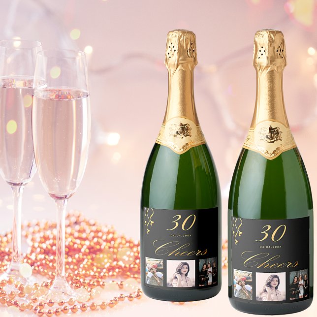 30th birthday party custom photo black gold cheers sparkling wine label (Creator Uploaded)