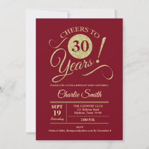 30th Birthday Party - Dark Red Gold Invitation