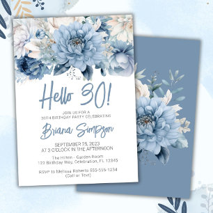 30th Birthday Party Dusty Blue Floral Invitation