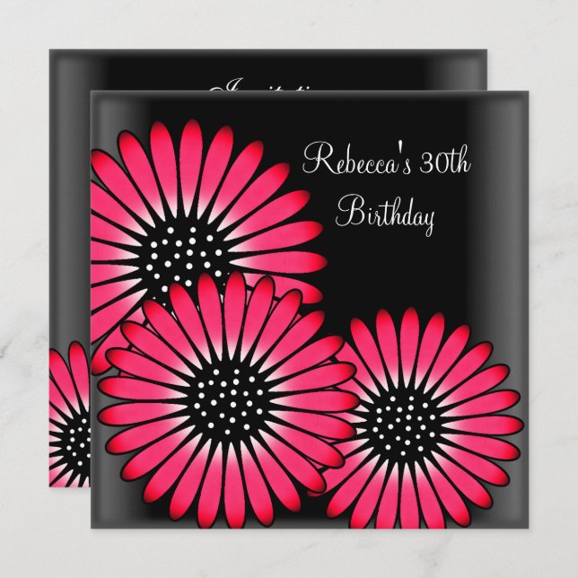 30th Birthday Party Elegant Black Pink Flowers Invitation (Front/Back)